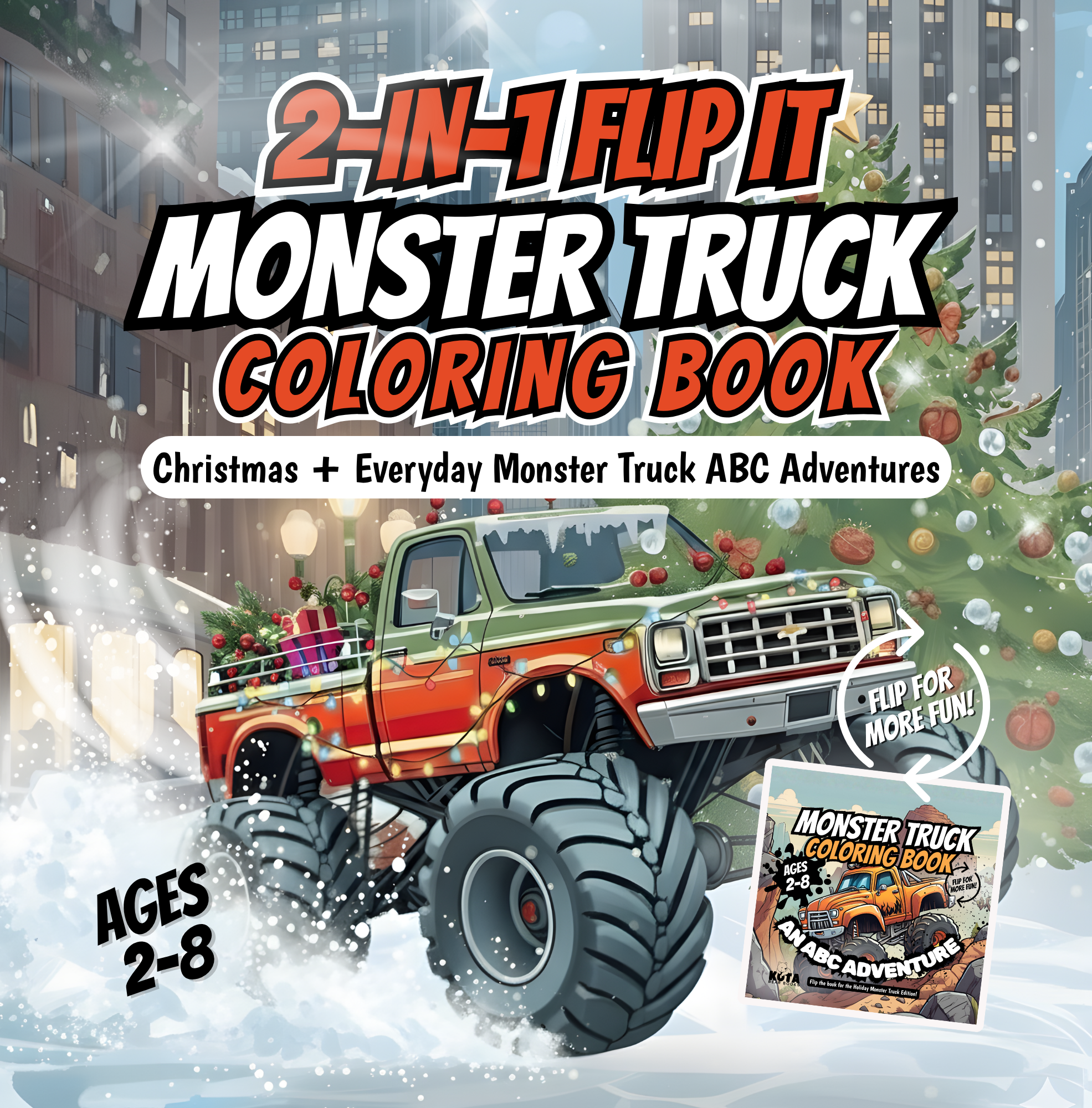 Monster truck coloring book cover with a cityscape and Christmas tree in the background